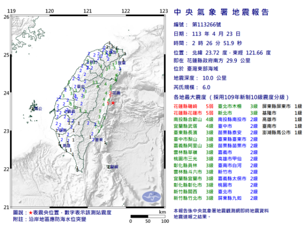台灣東部海域凌晨02點26分發生芮氏規模6.0地震。（圖：氣象署提供）